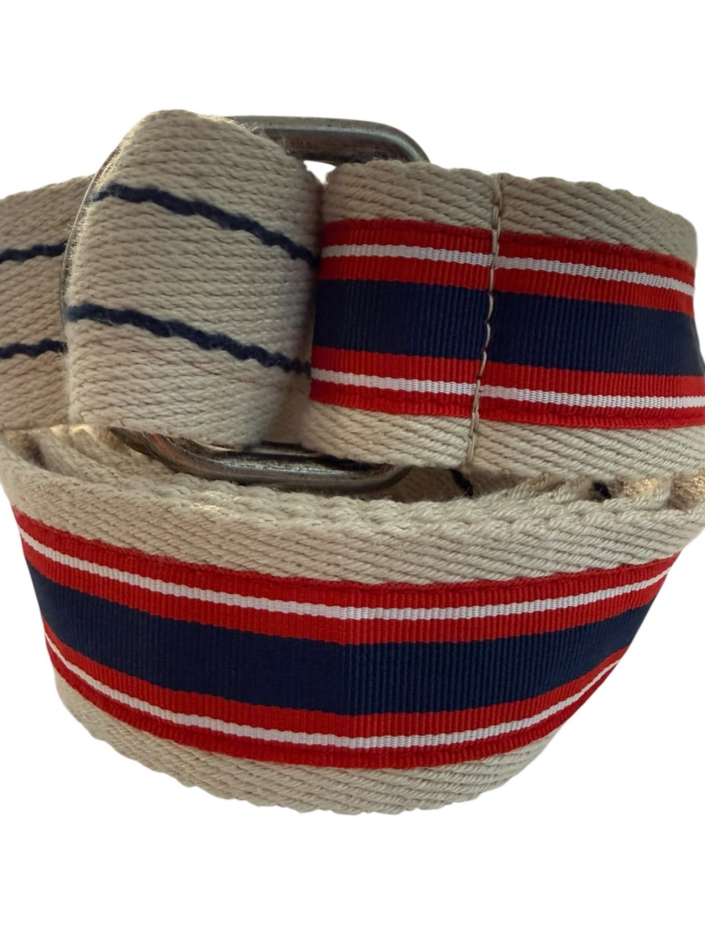 Vintage Nautical Preppy Canvas Belt Red &  Navy Blue Stripe D Ring 52” Unisex